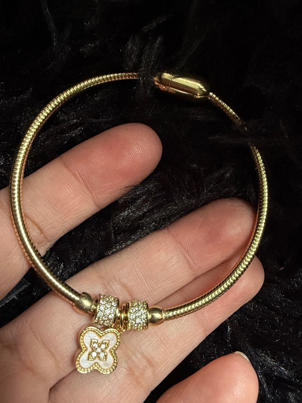 Gold Crystal Clover Charm Bangle Bracelet